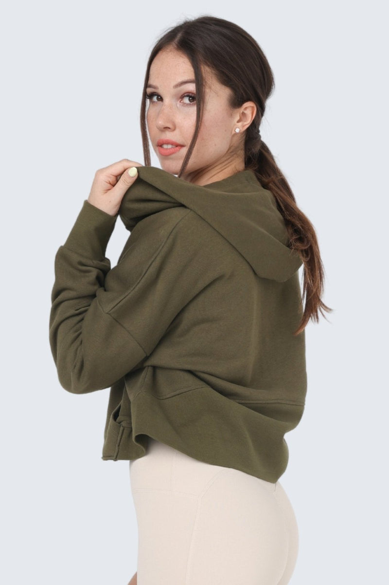 Rumi Earth - W Moon Cropped Sweatshirt Fleece Hoodie + Zip - Olive Deep - R113335DOP - Tops