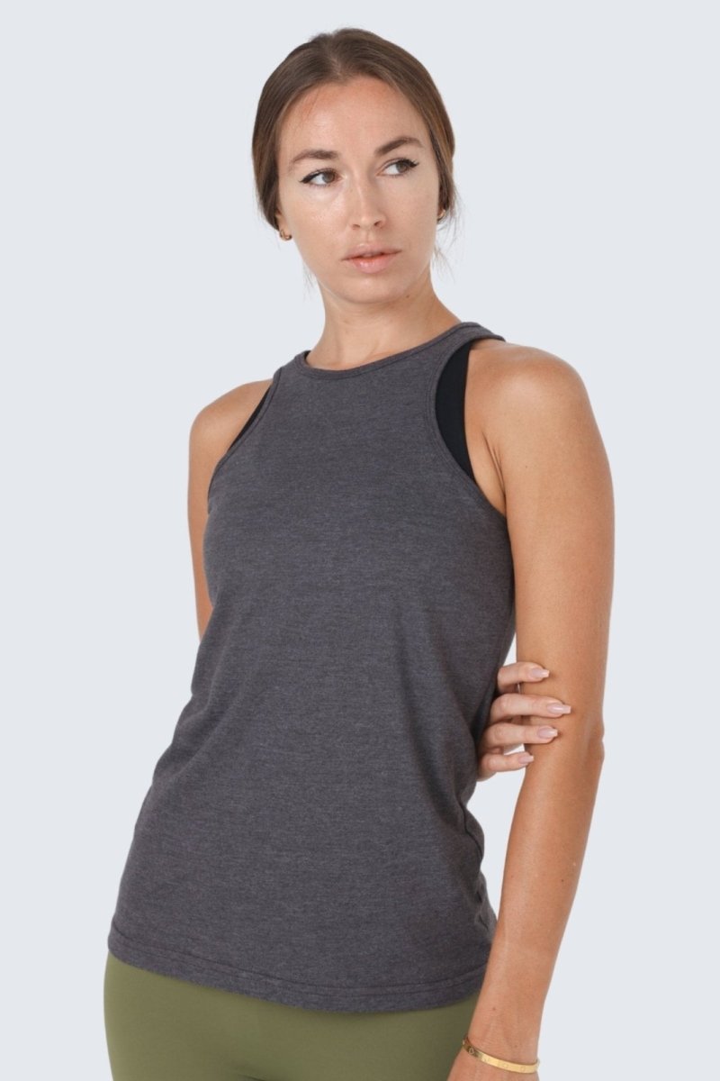 Rumi Earth - W Moon High - Neck Racerback Tank - Graphite Heather - R111220GHS - Tops