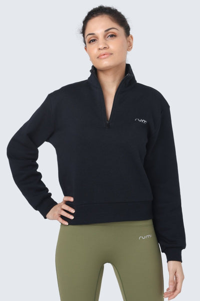 Rumi Earth - W Moon Sweatshirt Fleece Mock - Neck Half - Zip - Black - R112900BKP - Tops